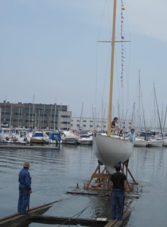 Refloating 6m ACACIA on west slipway at Astilleros Lagos Boatyard